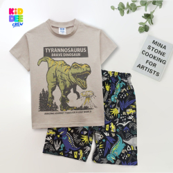 ชุดเซ็ท ลายไดโนเสาร์สีน้ำตาล แขนสั้นขาสั้น