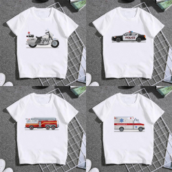 เสื้อยืดสีขาวสําหรับเด็ก ลายรถตำรวจและรถพยาบาล